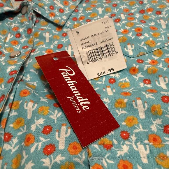 Panhandle Juniors Pearl Snap Shirt Turquoise Blue Floral Cactus Print Medium - Picture 6 of 12